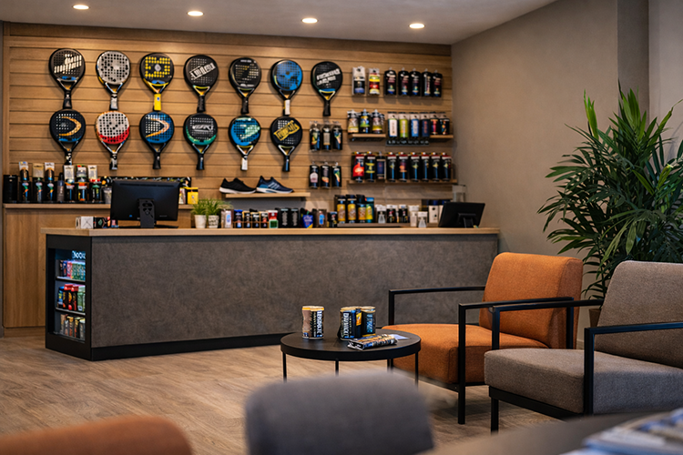 padel club reception counter with rackets displayed on a commercial wall panel